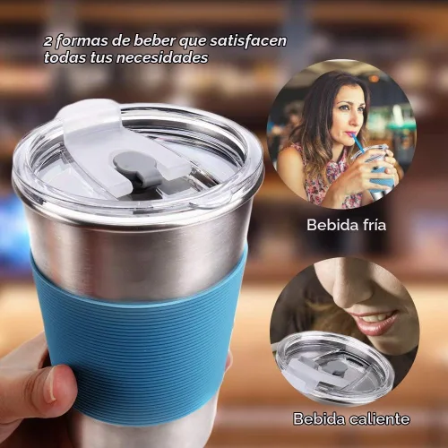 Vista 6 de Vaso de agua con tapas, paquete de 6 vasos de acero inoxidable a prueba de derrames, reutilizable, apilable, de 16 onzas, con tapas, para niños