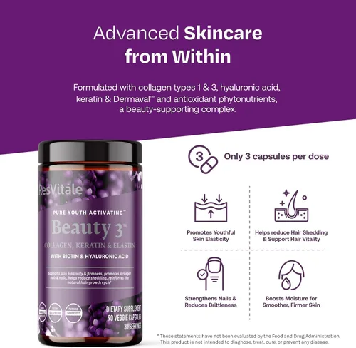 Vista 3 de ResVitále Beauty 3 - Suplemento para el cuidado de la piel con colágeno, queratina y elastina - 90 cápsulas