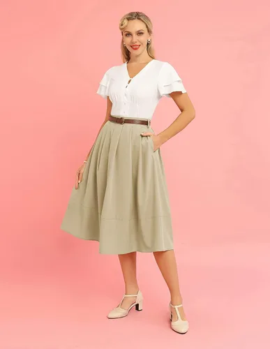 Vista 5 de Belle Poque Falda midi vintage con bolsillos para mujer, de cintura alta, plisada, con cinturón