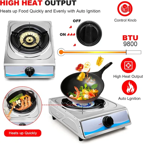 Vista 3 de Cocina de gas propano,Estufa de gas de un solo quemador Estufa de gas portátil de acero inoxidable,Auto Ignition Camping Single Burner LPG para RV