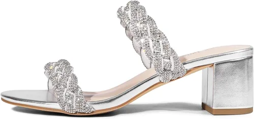 Vista 5 de DREAM PAIRS Zapatos de tacón bajo con dos correas trenzadas para mujer, puntera abierta, tacón grueso, sandalias de tacón grueso, para fiestas