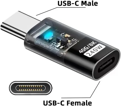 Vista 5 de xiwai Transparente USB4 tipo C macho a hembra adaptador de extensión con LED 240W Power 40Gbps Data 8K Video Converter para teléfono portátil
