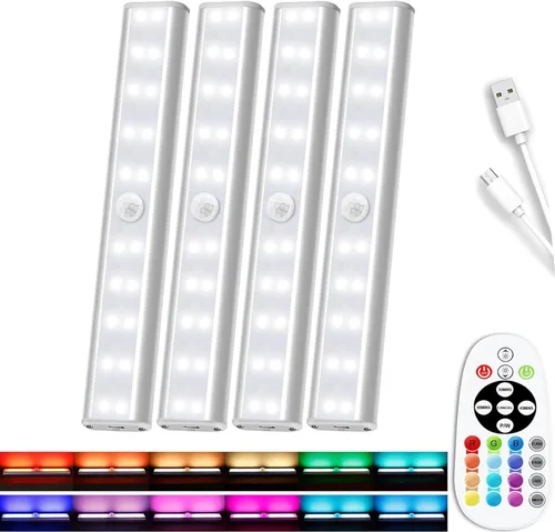 Vista 10 de Luces inalámbricas para debajo del gabinete, 58 luces LED recargables con sensor de movimiento con control remoto, luces RGB que cambian