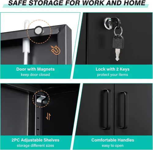 Vista 6 de SISESOL Armario de almacenamiento de metal de 36 pulgadas con puertas y estantes, pequeño armario de almacenamiento de garaje con cerradura, Negro