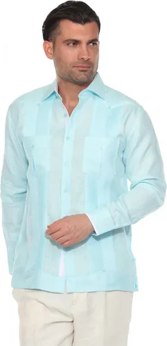 Vista 8 de Mojito - Guayabera de manga larga para hombre, 100% lino, panel de contraste y pliegues tonales