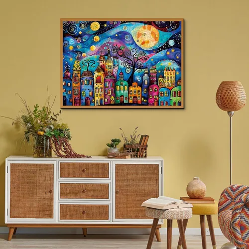Vista 6 de Rompecabezas de casas coloridas para adultos de 1000 piezas, rompecabezas de paisaje nocturno de pueblo, rompecabezas abstracto de cielo estrellado