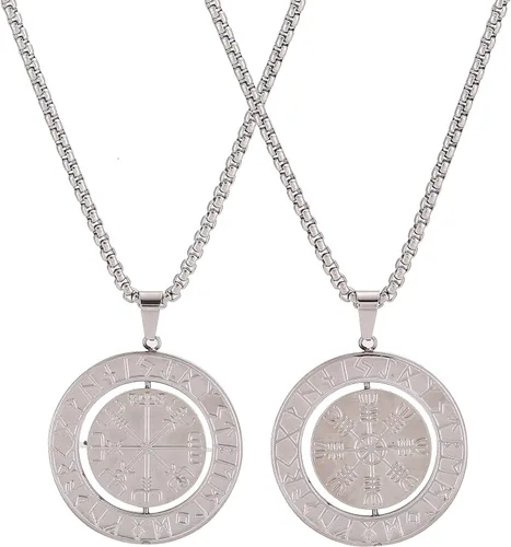 Vista 4 de Collar con colgante de amuleto nórdico de los vikingos nórdicos Vegvisir RUNE, collar de acero inoxidable con colgante extraíble joyería original