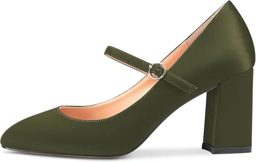 Vista 2 de HEUIVZAR Zapatos Mary Jane para mujer, tacón medio, grueso, tacón medio, sin cordones, para boda, satén, 3 pulgadas