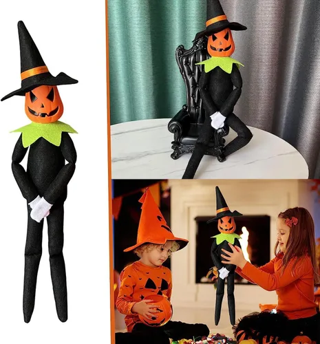 Vista 3 de DANONI Muñeca elfo de calabaza de Halloween, 14 pulgadas hecha a mano, adorno de juguete de calabaza elfo para decoración de mesa de vacaciones Verde