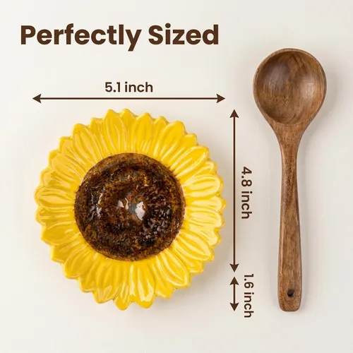 Vista 5 de Soporte de cuchara de cerámica en forma de girasol - 2 piezas para estufa y mostrador Bright sunflower design adds farmhouse charm while