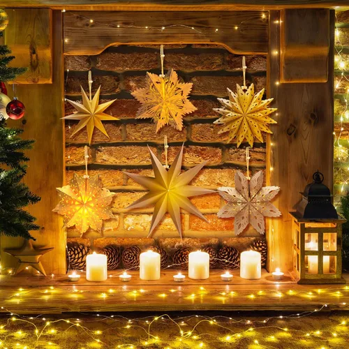 Vista 4 de Leinuosen Juego de 10 Faroles de Papel de Copo de Nieve de Navidad, Faroles de Estrella de Papel con 10 Luces LED, Lámpara de Estrella Colgante