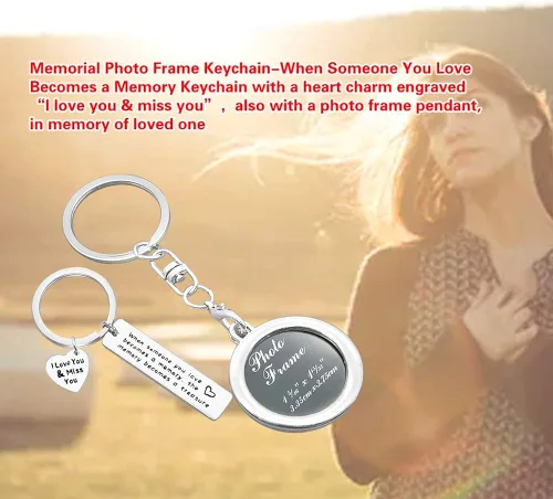 Vista 6 de Juego de llaveros de marco de fotos conmemorativo con texto en inglés "When Someone You Love Becomes a Memory Keychain Miss You" (2 unidades)