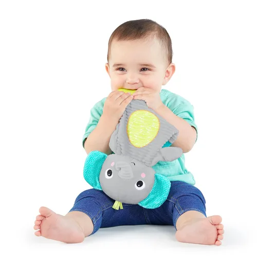 Vista 5 de Bright Starts Snuggle & Teethe - Juguete de peluche para dentición sin BPA con sonido crujiente para bebé - Elefante