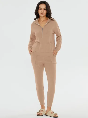 Vista 3 de DEEP SELF Conjunto de dos piezas de suéter para mujer, de manga larga, con media cremallera, pantalones deportivos con bolsillos