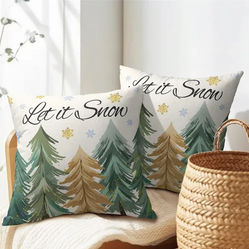 Vista 5 de Juego de 2 fundas de almohada de árbol de Navidad de 18 x 18 pulgadas, fundas de almohada de invierno Let it Snow, diseño de copos de nieve, funda