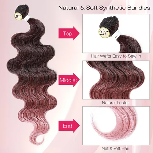 Vista 3 de HANNE Paquetes de cabello castaño mezclado con extensiones de cabello ondulado con cierre Sintético 18 "20" 22" con cierre de encaje, resistente