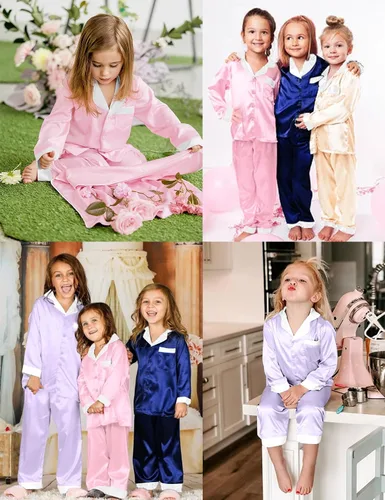 Vista 3 de SWOMOG Conjunto de pijama de satén para niños y niñas, ropa de dormir de manga larga con botones, conjunto de 2 piezas de ropa de descanso