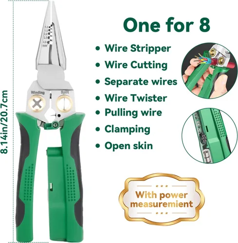 Vista 6 de Pelacables 8 en 1 con probador de voltaje, herramienta de pelado de cables eléctricos multifunción para cortar y alicates de tracción, herramienta