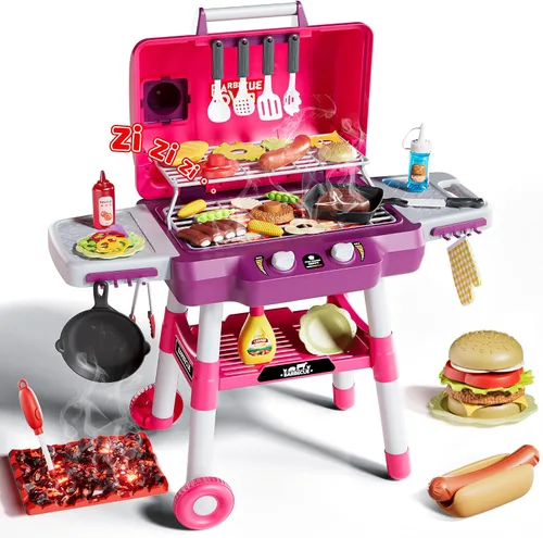 Vista 10 de Juguetes de cocina para niños, juego de parrilla BBQ para niños, juguete de barbacoa de 2 niveles con ruedas, sonido de humo y luz, juego