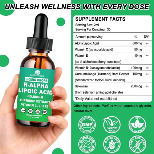 Vista 2 de Gotas líquidas de ácido alfa lipoico, suplemento ALA Ácido alfa lipoico 600 mg para antioxidantes, apoyo del metabolismo nervioso y energético