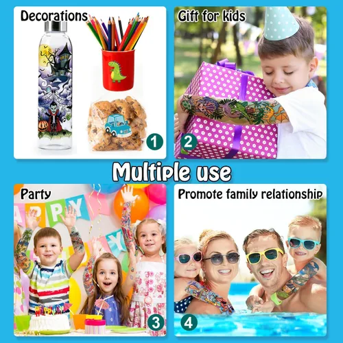 Vista 4 de Partywind 66 hojas de tatuajes temporales para niños, fundas de tatuajes temporales para niños, calcomanías de tatuaje falsas