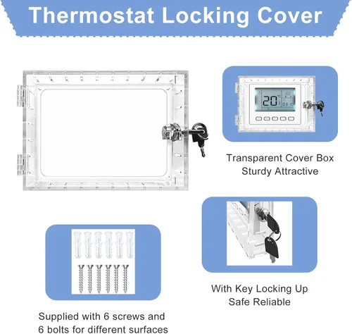 Vista 3 de Caja de bloqueo de termostato universal con llave, protector de termostato grande transparente para pared, cubierta de termostato con cerradura