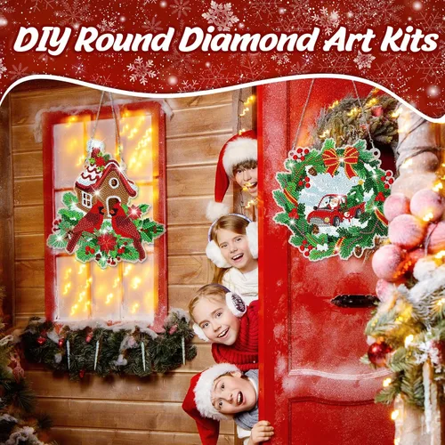 Vista 5 de Sintuff Juego de 3 carteles colgantes de pintura de diamantes de Navidad, diseño de pájaros gnomos, arte de diamante, arte de pared para bricolaje