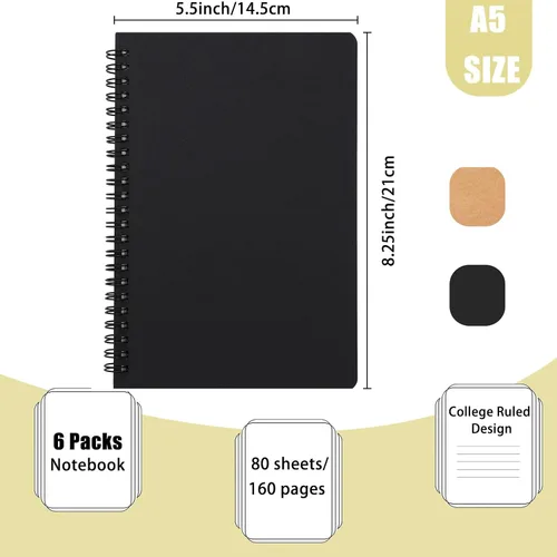 Vista 2 de Cuaderno de espiral, paquete de 6 cuadernos rayados A5, cuaderno de espiral de tapa dura, 80 hojas, 160 páginas para estudio y notas, 8.3 x 5.5
