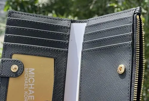 Vista 3 de Michael Kors Jet Set - Cartera pequeña con cremallera para tarjetas, color negro y dorado, Negro