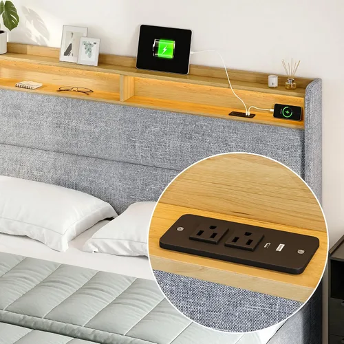 Vista 5 de Base de cama matrimonial con cabecera de almacenamiento con respaldo alado de 51.8 pulgadas, plataforma tapizada gris con estación de carga (tipo C)