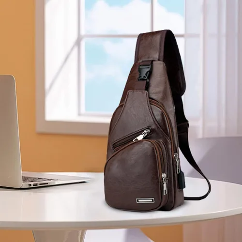 Vista 2 de Bolso bandolera de cuero para hombre, bolso lateral cruzado para hombre, mochila de hombro con agujero para auriculares