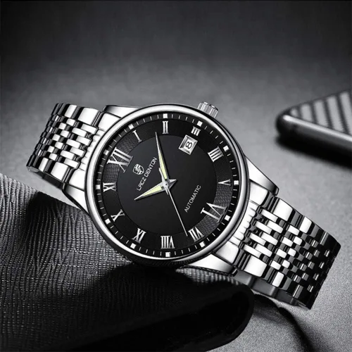Vista 2 de LACZ DENTON Relojes mecánicos automáticos para hombres, de lujo de acero inoxidable con cuerda automática, resistente al agua