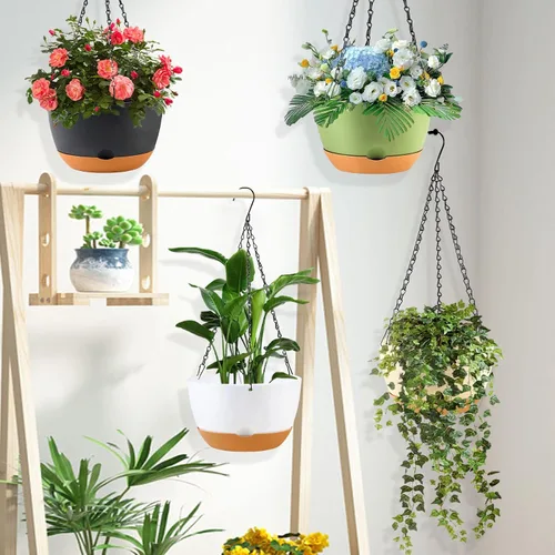 Vista 6 de KPUVX Maceta Colgante de 10 Pulgadas, Macetas de Riego Automático para Plantas de Interior, Paquete de 3 Cestas Colgantes de Plástico con Bandeja