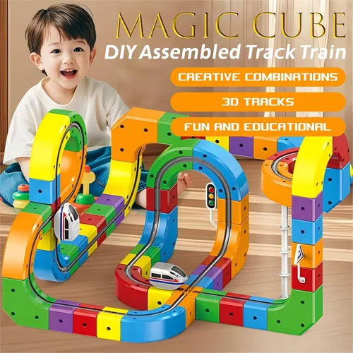 Vista 2 de Juego de tren eléctrico con riel de succión magnética, pista de carreras flexible mágica 3D, 123 piezas de bloques de pista de carreras