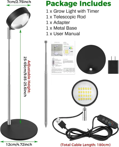 Vista 7 de Luz de cultivo de plantas, luces LED de espectro completo con base de metal, lámparas de cultivo de plantas de escritorio con temporizador