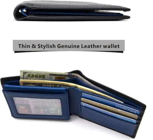 Vista 3 de ANDOILT Cartera de piel auténtica para hombre, con bloqueo RFID, plegable, elegante, con 2 ventanas de identificación, Negro&azul, Compacto