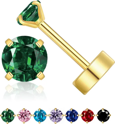 Vista 11 de Aretes pequeños de 3 mm con CZ plano en la parte trasera, aretes pequeños de 14K de oro con tuerca de circonita cúbica para cartílago, hélice