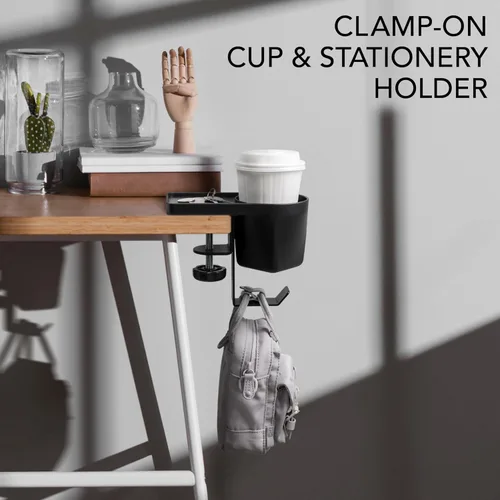 Vista 3 de EHO Soporte para bolígrafos y tazas de escritorio con abrazadera, organizador de artículos de papelería 3 en 1 con almacenamiento para lápices