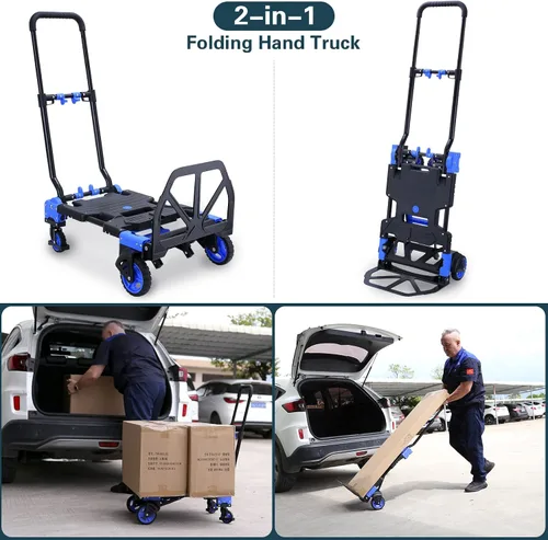 Vista 2 de JJSMKCH Carrito de mano plegable 2 en 1 con cesta plegable A-azul