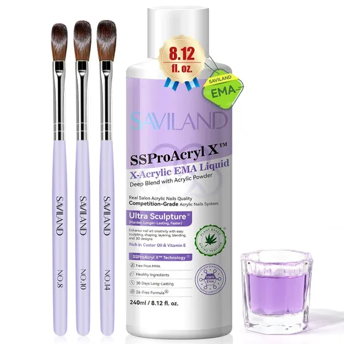 Vista 14 de Saviland Kit de iniciación de uñas acrílicas: polvo y líquido acrílico rosa claro nude, cepillo, limas, formularios, uñas a presión, juego