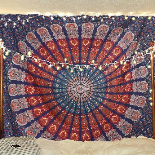 Vista 21 de Tapiz hippie indio bohemio psicodélico dorado azul pavo real mandala colgante en la pared (negro blanco, Queen (84 x 90 pulgadas) (84.6 x 90.6 in)