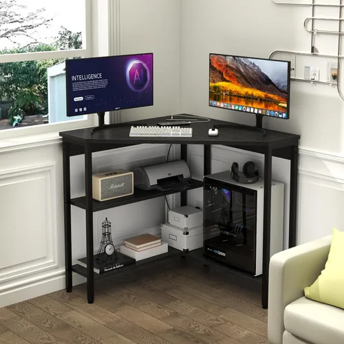 Vista 7 de Escritorio esquinero triangular con tomas de corriente, estantes de almacenamiento para espacio pequeño 90 Degree Corner Table with CPU Stand