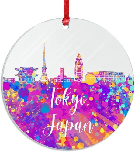Vista 3 de Adorno de Navidad japonés de Tokio para niños, arte de acuarela japonés, Tokio, paisaje urbano, adorno de Navidad de acrílico colorido de la ciudad