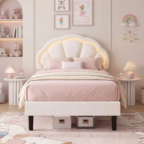 Vista 6 de Base de cama LED tapizada individual para niñas con cabecero de pétalos ajustable, color beige