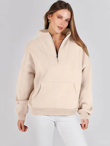 Vista 8 de ANRABESS Sudaderas con media cremallera para mujer, sudaderas cortas de gran tamaño, con cremallera de un cuarto, suéter de forro polar, suéter