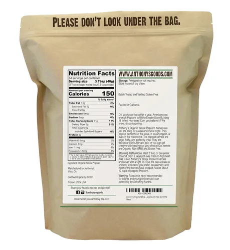 Vista 2 de Anthony's Granos de palomitas de maíz amarillos orgánicos, 3 lb, sin reventar, sin gluten, sin OGM