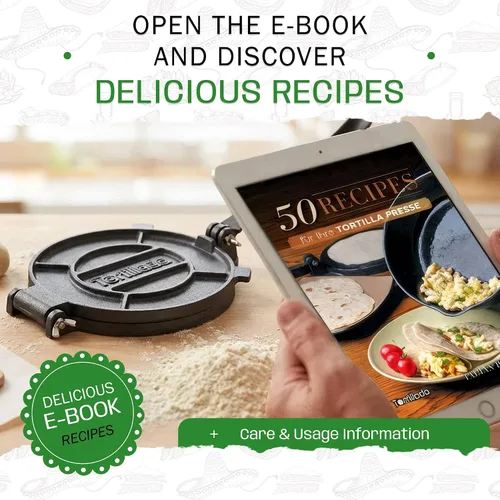 Vista 8 de Tortillada – Prensa para tortillas premium de hierro fundido con libro electrónico de recetas (20 cm)