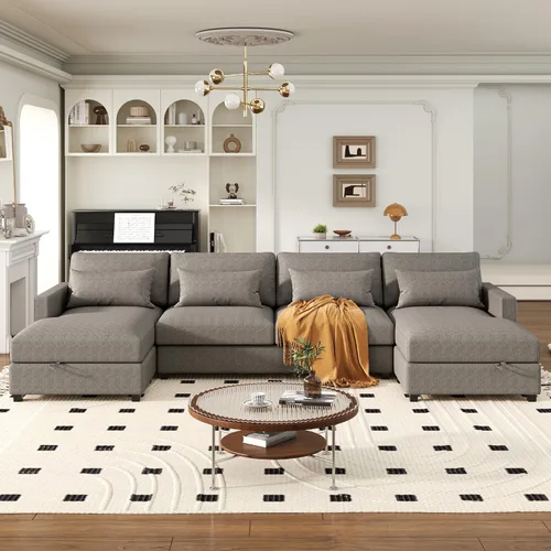 Vista 87 de Quarte Sofá seccional en forma de U, sofá modular con dos asientos individuales, dos sillas, combinación de bricolaje, tela de hilo en bucle Beige/5