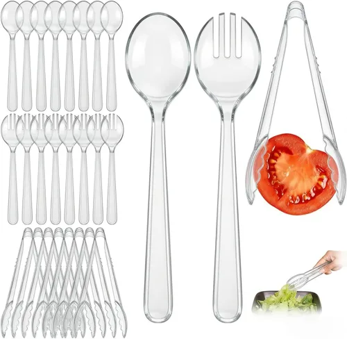 Vista 9 de Juego de 24 utensilios de plástico beige para servir, cucharas, tenedores y pinzas desechables resistentes (8 de cada uno), suministros de catering