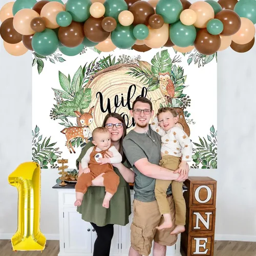 Vista 4 de Woodland - Kit de arco de guirnalda de globos con telón de fondo para animales del bosque, criaturas del bosque, suministros de primera fiesta